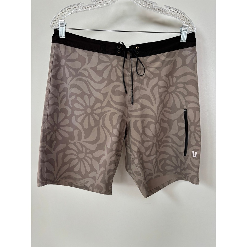 Vuori Cruise Boardshorts Mens 32 Driftwood Floral Swim Trunks V383 Brown Tan